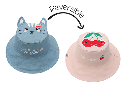Premium Reversible Kids Toddler Cat Cherry Sun Hat FlapJackKids