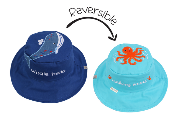 Reversible Baby & Kids Sun Hat - Blue Whale & Octopus
