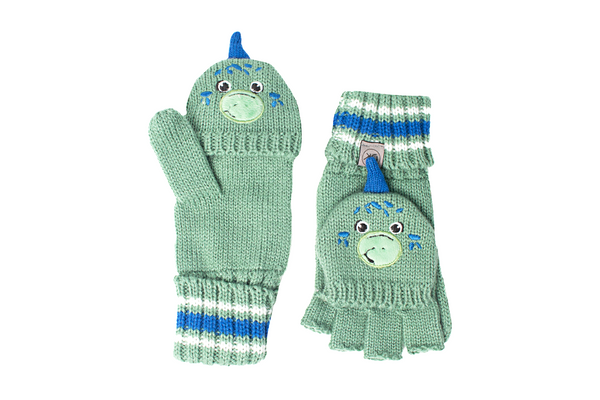Kids Knitted Fingerless Gloves with Mitten Flaps - Dino Green