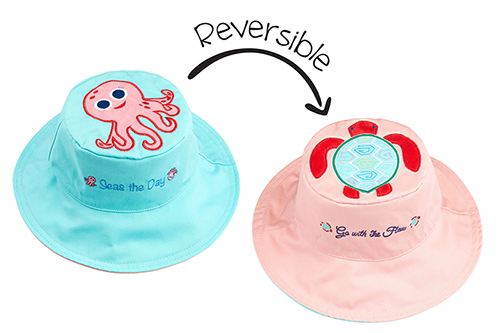 Reversible Baby & Kids Sun Hat - Pink Octopus & Sea Turtle