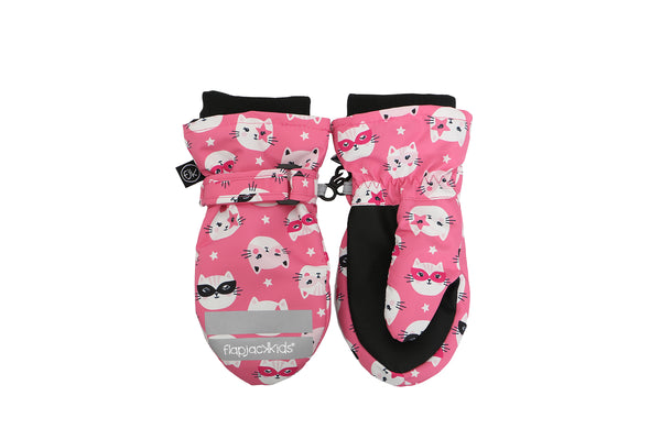 Kids Water Repellent Ski Mittens - Cat (Pink)