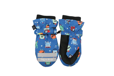 Kids Water Repellent Ski Mittens - Monsters (Blue)
