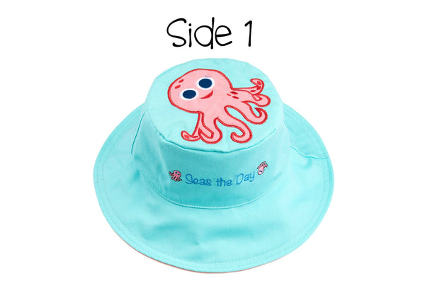 Reversible Baby & Kids Sun Hat - Pink Octopus & Sea Turtle